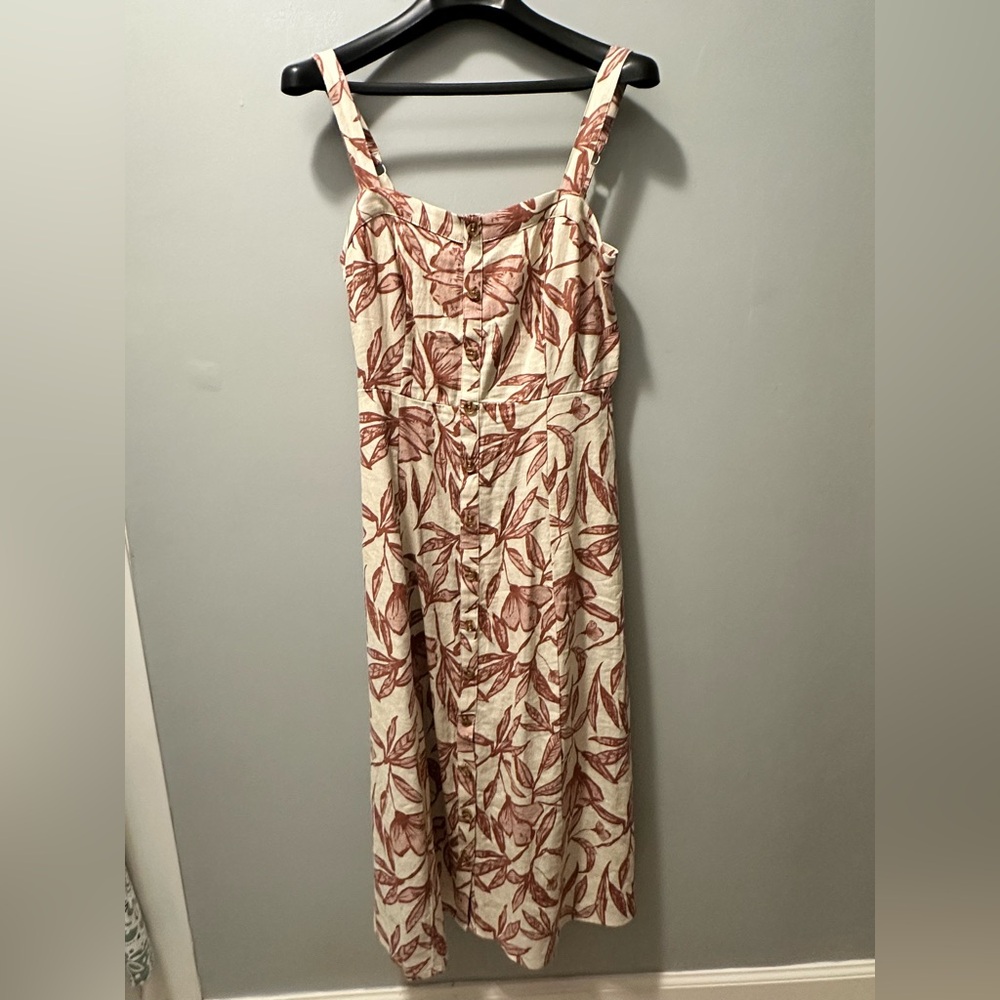 Market & Spruce Cream Linen Midi Dress with Rust Leaf Print